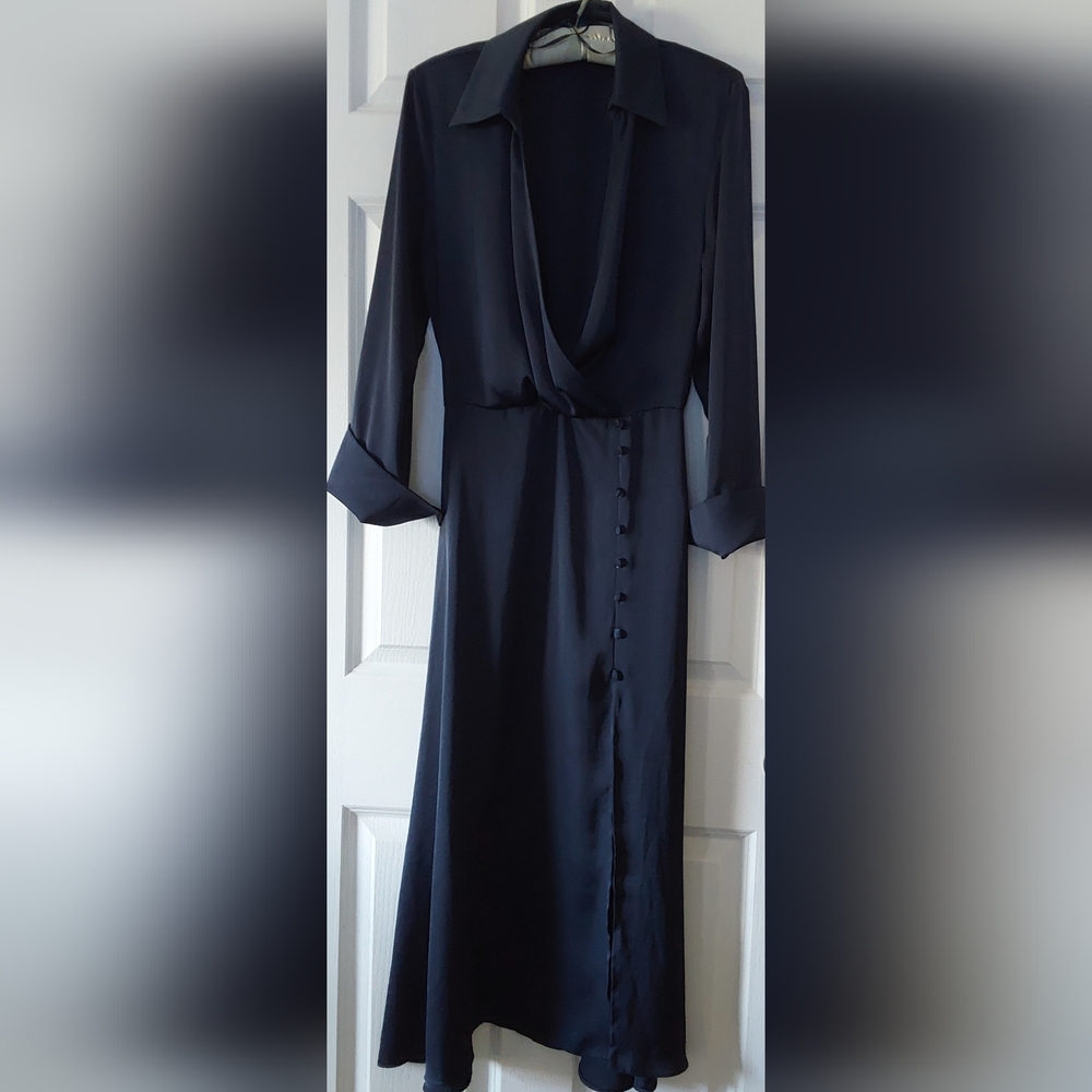 ZARA NAVY BLUE SATIN EFFECT MIDI FAUX WRAP DRESS S